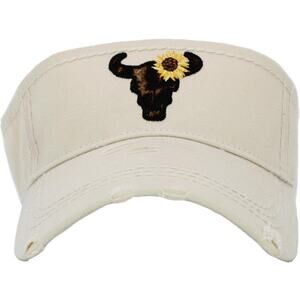 Leopard Steer Skull Embroidered Distressed Sun Visor – Stone